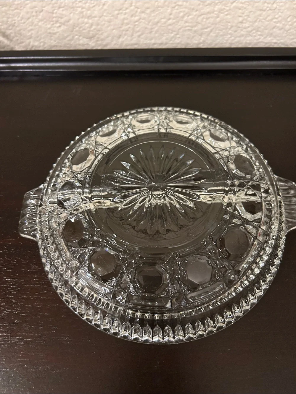 Vintage Federal Glass Windsor Button & Cane Round Divided Relish Dish